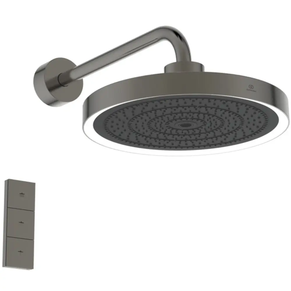 Regenbrause von Ideal Standard mit runder Kopfbrause und Wandmontage. In Magnetic Grey mit Steuerungselementen zur Anpassung der Wasserfunktion.